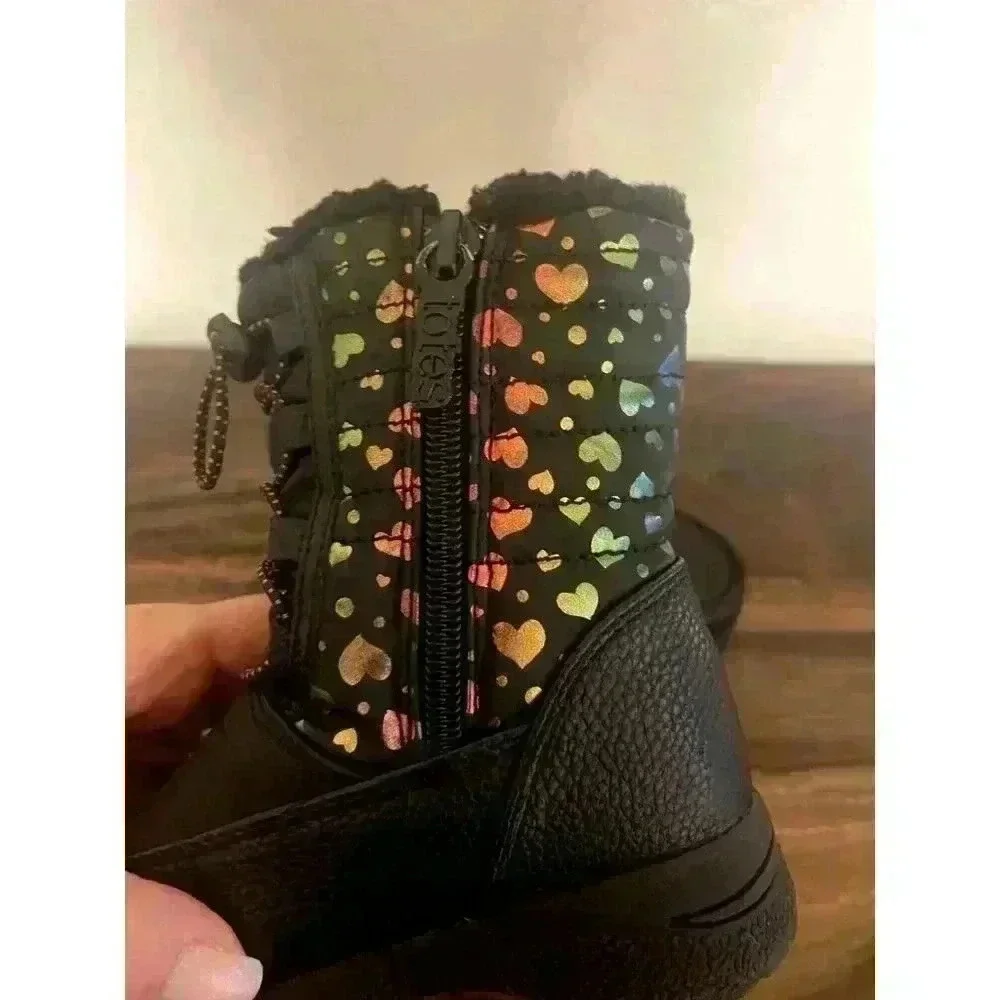 Totes Winter Snow Boots Toddler 8 Black Faux Leather Faux Fur Rainbow Hearts